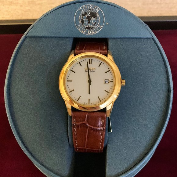 Citizen Men's AU1002-07P Eco-Drive Gold-Tone Brown Leather Strap Watch - Picture 1 of 5